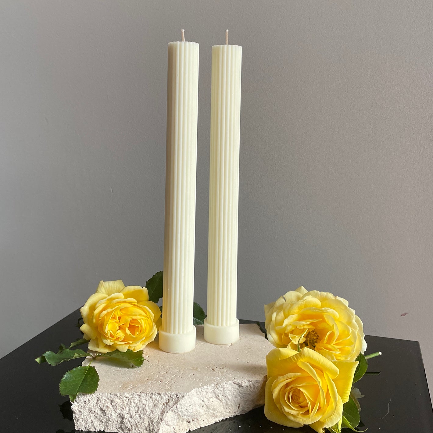 Coloured Pillar Candle column candlesticks - white scented green tea & lemongrass 